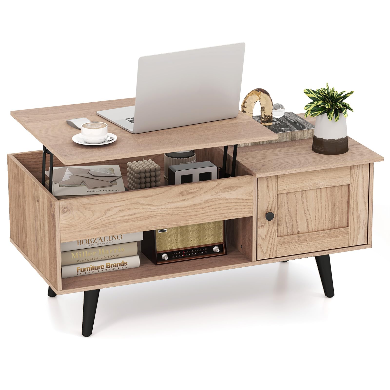 COSTWAY Mesa de Centro Elevable, Mesa de Café con Tablero Elevable, Gabinete, Compartimento Oculto y Estante Abierto, Mesita de Salón para Estudio y Oficina, 100 x 50 x 46-60 cm (Natural)