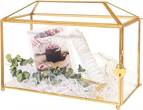 Homevec Caja de tarjeta de cristal dorada de 10 pulgadas para recepción de boda, fondo de luna de miel, graduación, cumpleaños o baby shower, caja