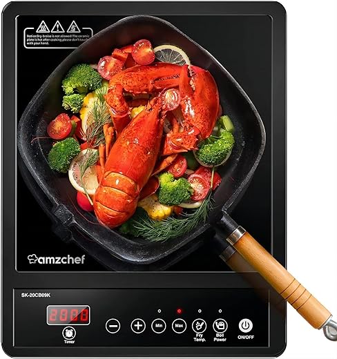 AMZCHEF Single Induction Hob, Portable Induction Hob, 10 Temperature Settings and Power levels from 300W to 2000W, Black Frosted Glass Panel,Sensitive Press Control, 3-hour Timer