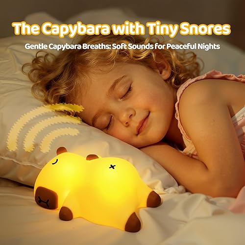 Miniatura 7 de Mewaii Luz nocturna de capybara para niños, lámpara capibara de silicona con sonido de ronquidos con atenuación de 3 niveles, linda luz recargable,