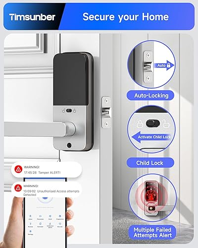 Miniatura 7 de Cerradura de puerta de huellas dactilares con asa, cerradura de puerta de entrada sin llave con teclado y timbre, cerraduras biométricas