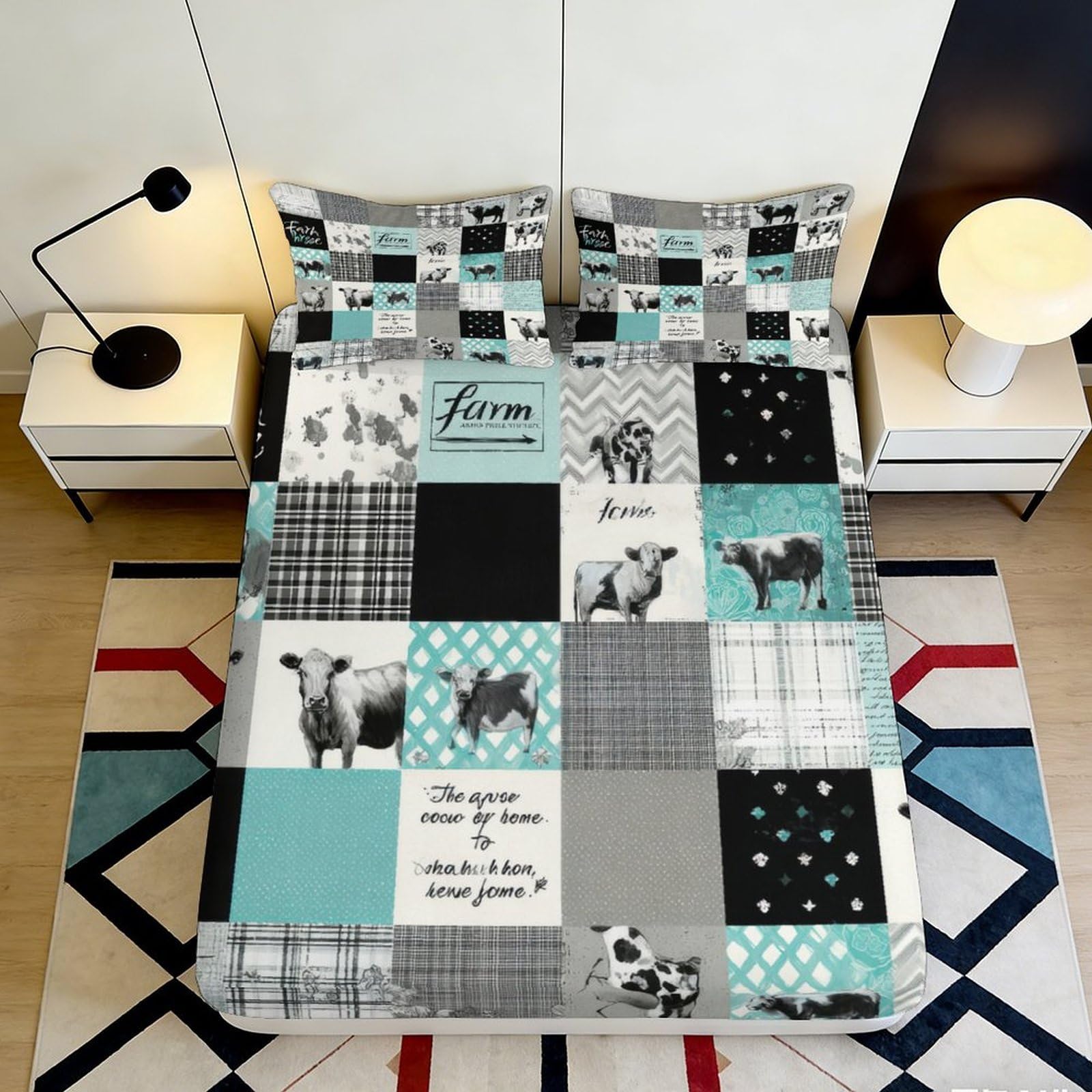 3D Printed Farm Animal Pattern Fitted Sheet Microfiber Soft Breathable Patchwork Cow Bed Cover for Bedroom Dormitory Guest Room Mattress Protection 200x200x25cm