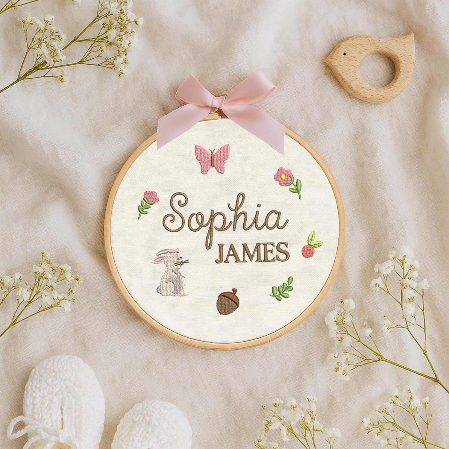 Personalized Baby Name Sign Welcome Baby Announcement Sign Newborn Baby Embroidery Hoop with Bows Baby Hospital Name Sign Custom Infant Baby Name Baby Shower Gifts (01)