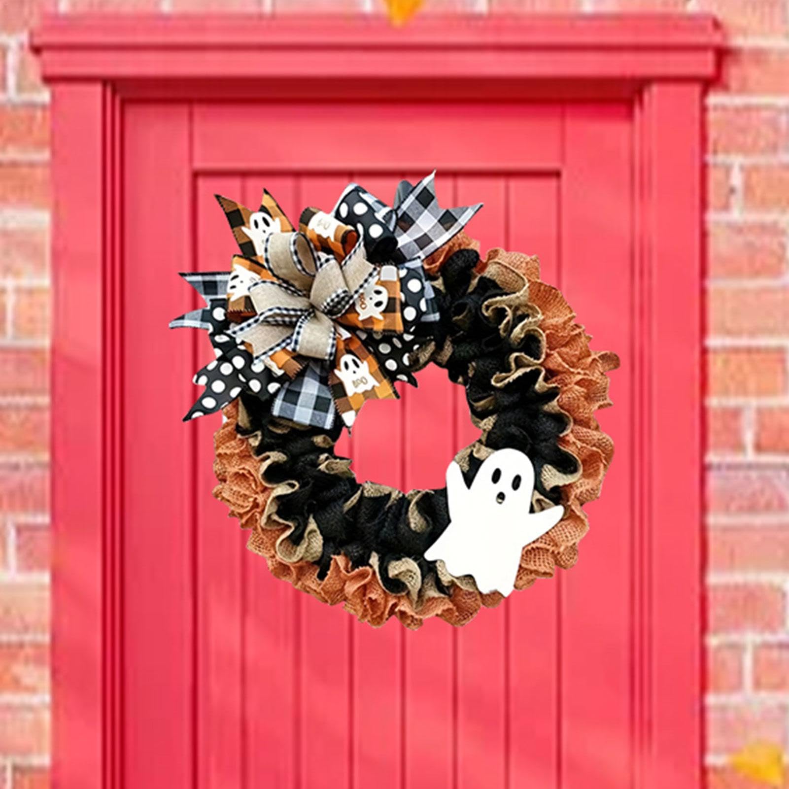 Halloween Türkranz Mit LED Lichtern - 40cm Geisterkranz Mit Batterie Für Türdeko Innen & Außen