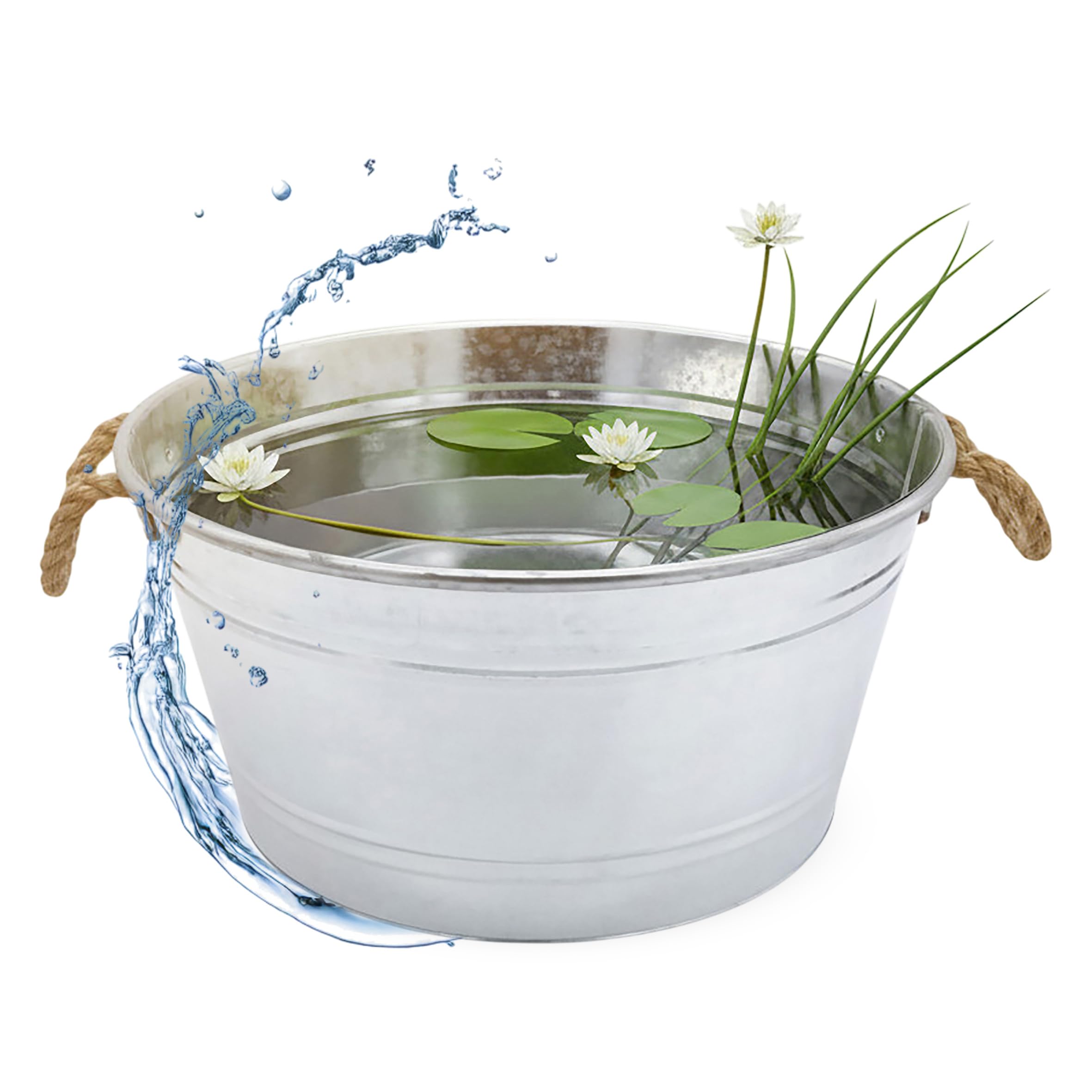 Spetebo Bandeja de zinc para estanque ornamental, 25 L, con asas de cuerda de yute, 45 x 22 cm, cuenco redondo plateado galvanizado para jardín, mini estanque de jardín, macetero, macetero, decoración