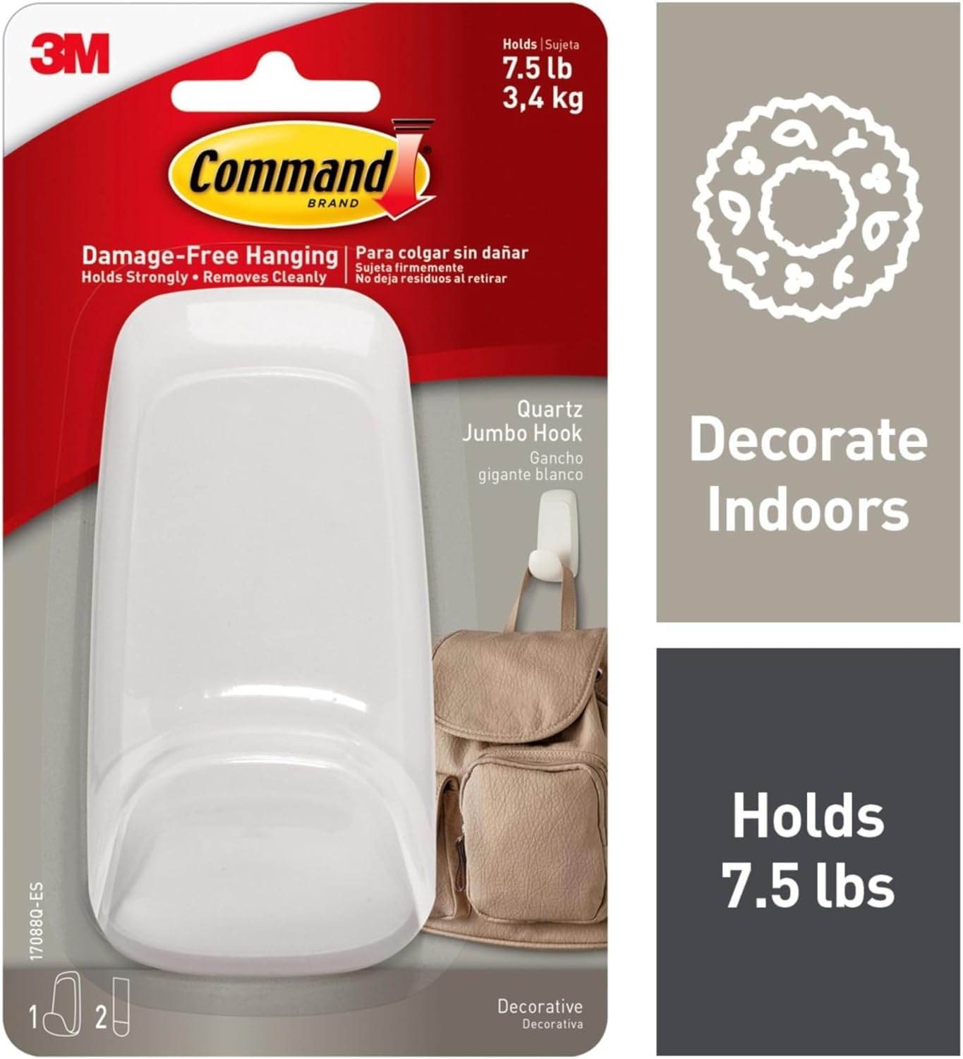 Command Strips 17088q-Es Jumbo White Quartz Color Hook