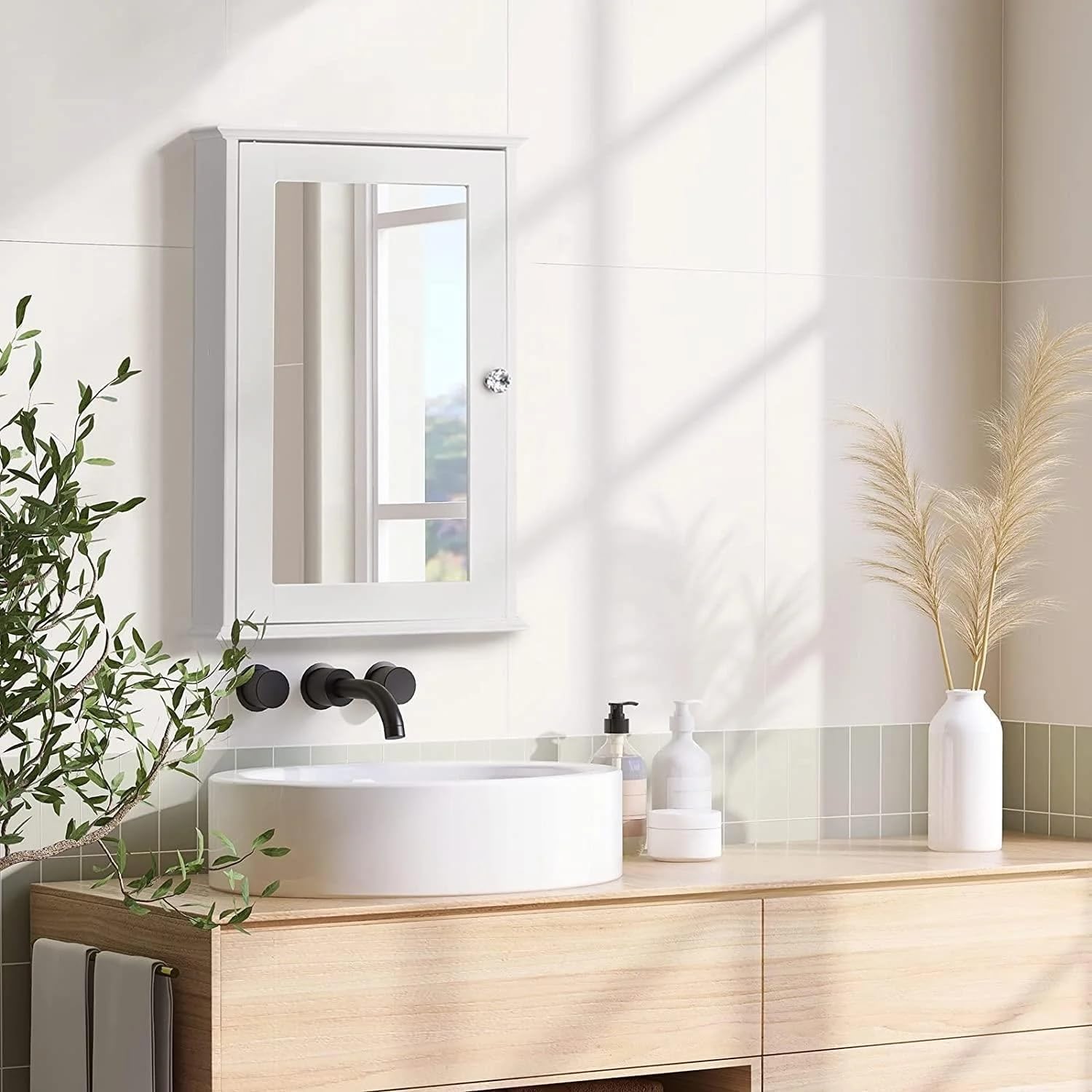 Karl home Wooden Medicine Cabinet White Wall Mounted Bathroom Cabinet with Single Mirror Door & Adjustable Shelves for Bathroom, Living Room, Entryway