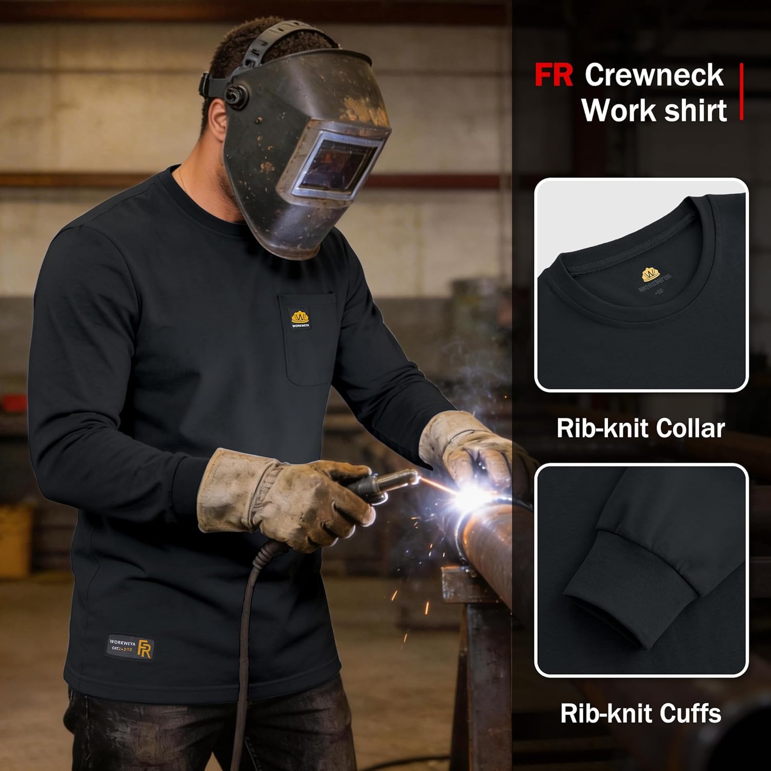 WORKWEYA Men's FR Shirts 6.5oz Lightweight Long Sleeve Flame Resistant T-Shirt NFPA 2112/CAT2