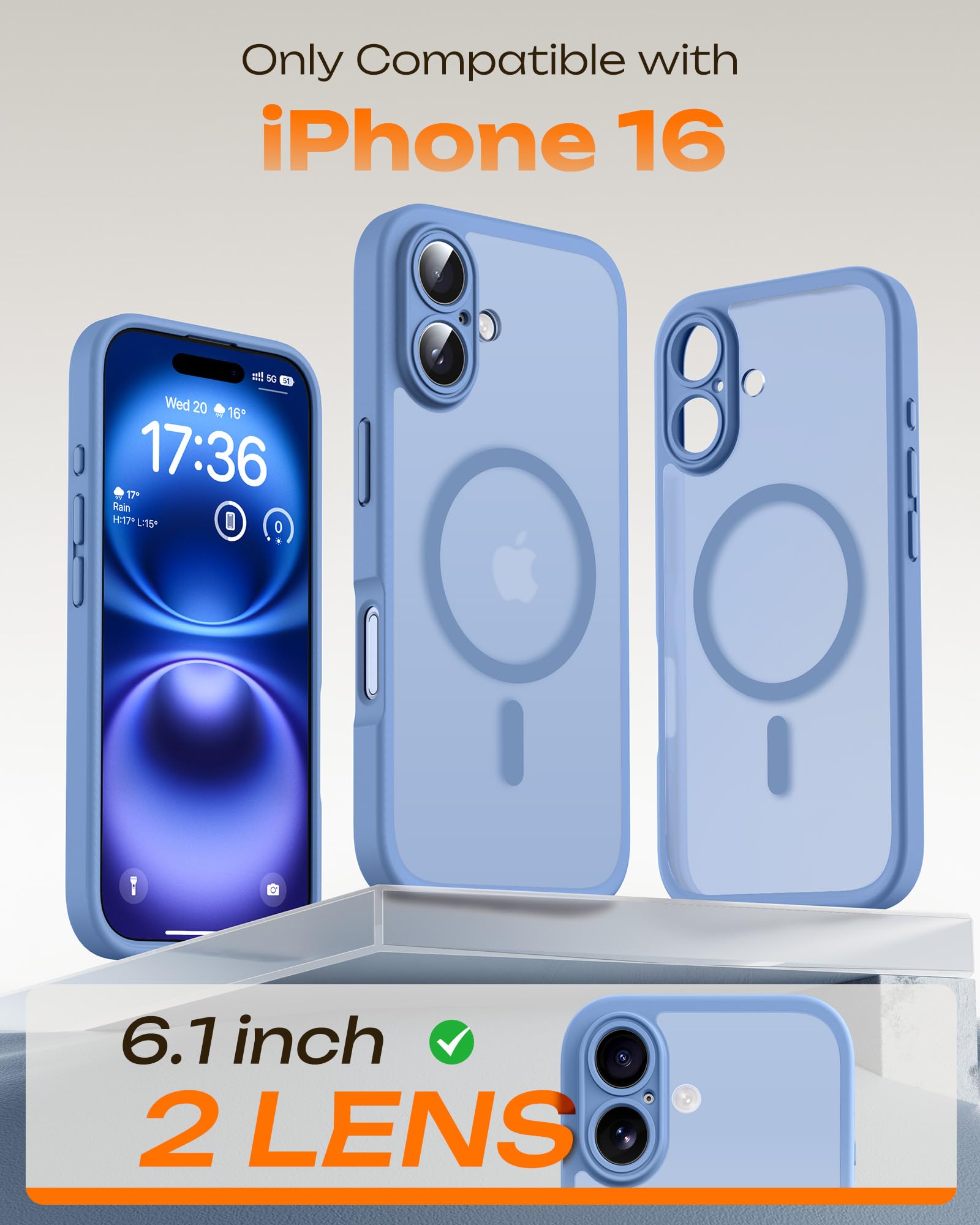 TOCOL Cover Magnetica per iPhone 16 6,1 Pollic, Compatibile con MagSafe, Protezione Fotocamera Integrata, Custodia Antiurto Traslucida Opaca, Blu Chiaro