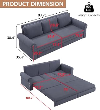 93.7 King Pull Out Sofa Bed, 3 in 1 Convertible Sleeper Sofa, 3 Seat Couch with Nailhead Trim & Rolled Arm for Living Room, Apartment, Office, Grey
