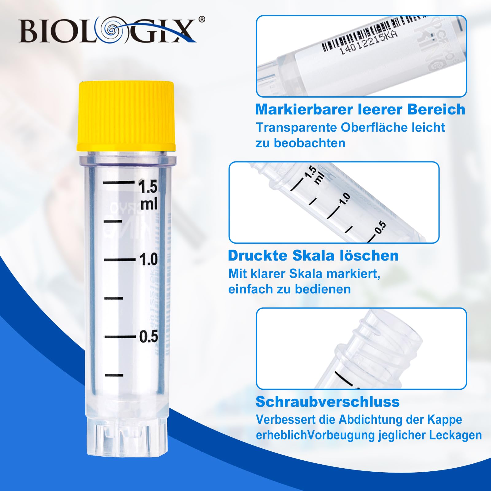 Tubos criogénicos de plástico, 1,5 ml, tubos de muestra, frascos de muestra con código de barras y tapón de rosca para experimentos de química de laboratorio, color amarillo, 1000 unidades