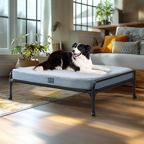 Miniatura 1 de Veehoo Cama elevada para perros + alfombrilla extraíble para perro, cama grande para mascotas, barandilla de tres lados para mascotas, cuna elevada