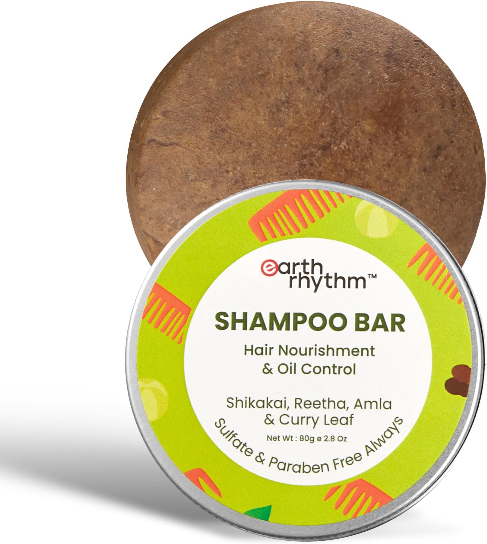 Earth Rhythm Shikakai Shampoo Bar for Hairfall | Contains Shikakai, Curry Leaf, Reeta & Amla Extracts | Men & Women | Sulphate & Paraben Free (Tin Packaging) - 80gm