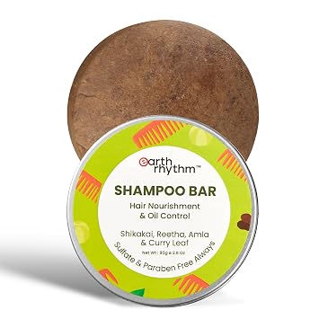 Earth Rhythm Shikakai Shampoo Bar for Hairfall | Contains Shikakai, Curry Leaf, Reeta & Amla Extracts | Men & Women | Sulphate & Paraben Free Tin Packaging - 80 gm
