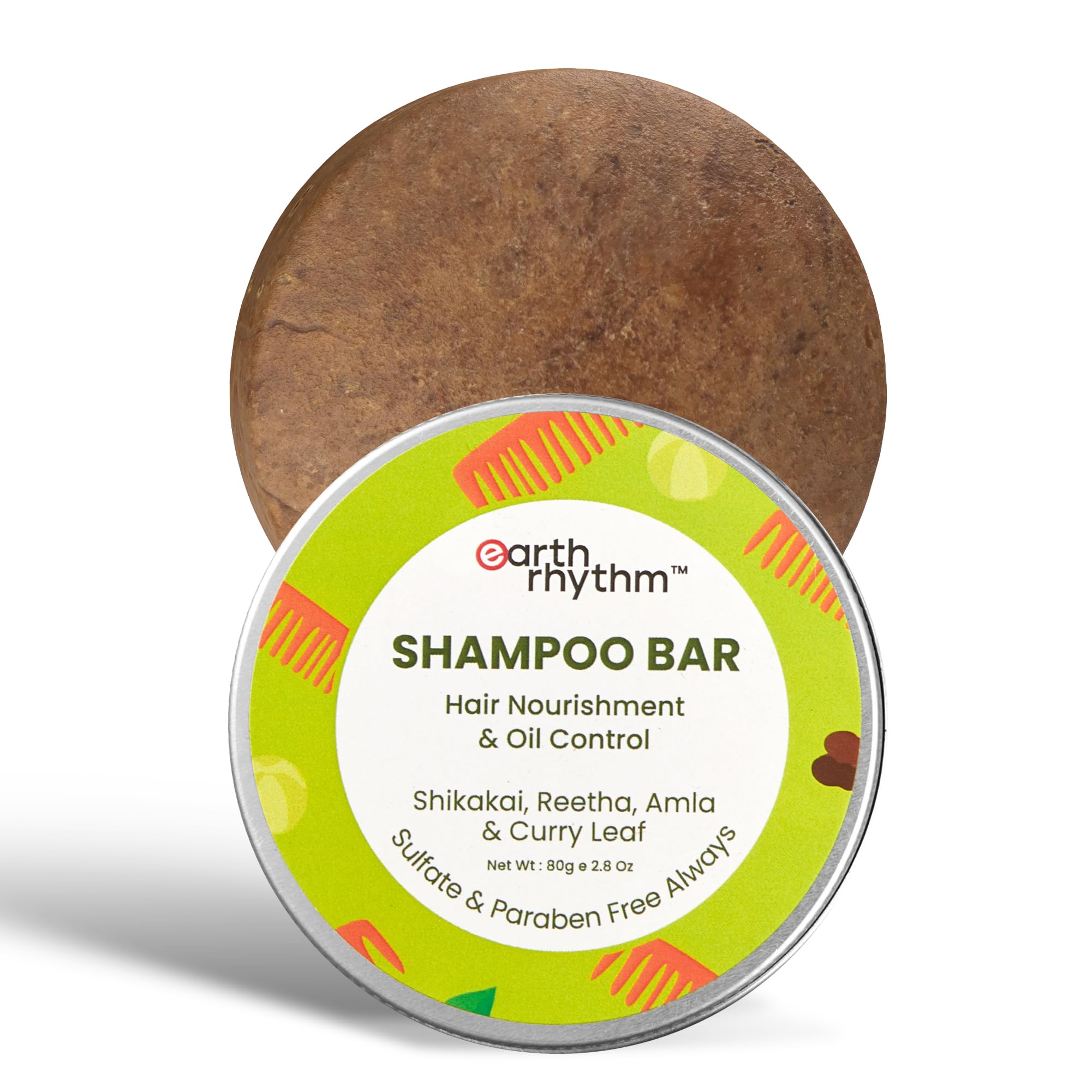 Earth Rhythm Shikakai Shampoo Bar for Hairfall | Contains Shikakai, Curry Leaf, Reeta & Amla Extracts | Men & Women | Sulphate & Paraben Free (Tin Packaging) - 80gm