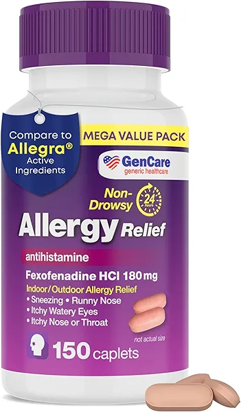 GenCare - Allergy Relief Pills | Fexofenadine HCl 180mg 150 Tablets | Non Drowsy Antihistamine Allergy Pills for Hay Fever, Seasonal Allergies, Outdoor & Indoor Allergies | Relieves Itchy Eyes & Nose