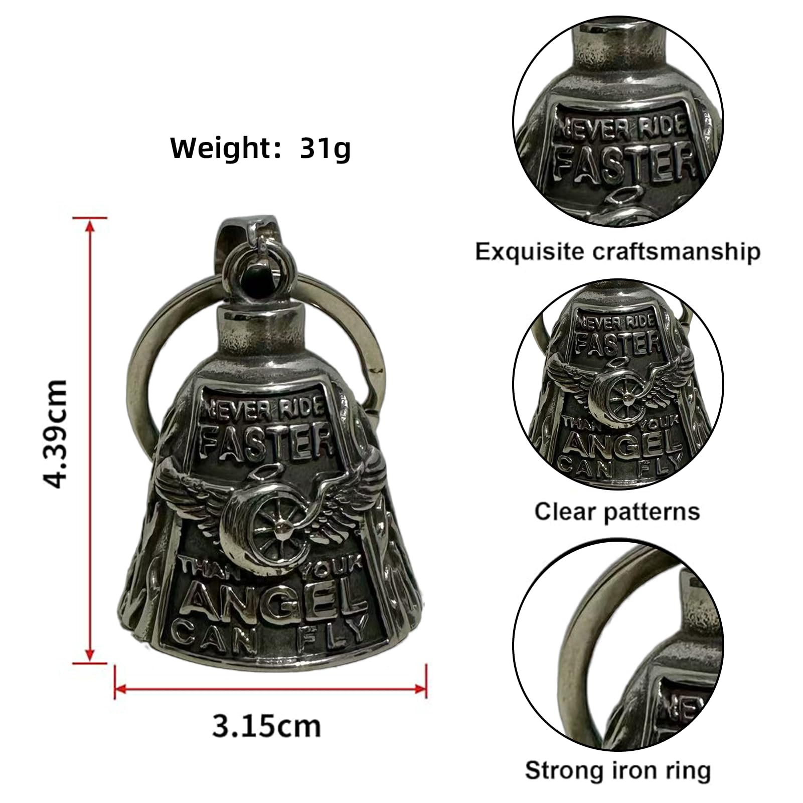 Cyberwork Campana Moto Amuleto de Suerte, Guardian Bell en Acero de Titanio con Diseño 3D, Campana Biker como Llavero Moteros, Accesorio Protector para Moto, Regalos para Moteros — view 3