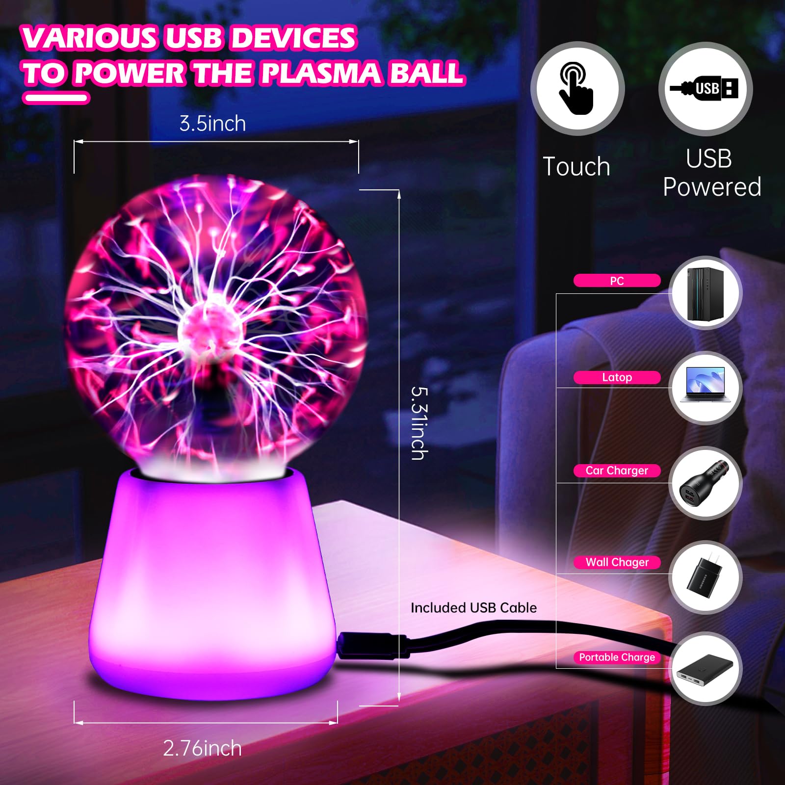 Lampa z kulką plazmową interaktywna dotykowa kula błyskawiczna 7 cali zabawna lampa zasilana przez USB 7 zmieniających się kolorów światła nastrojowe oświetlenie rekwizyt na imprezę prezenty