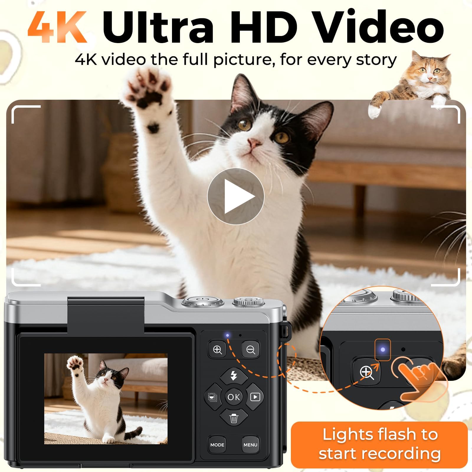 Appareil Photo Numérique 4K Digital - Maxmango 64MP Appareils Numérique avec Écran Rabattable 180° - 2.4" Camera pour Vlog avec Carte 16GB - pour Débutants, Adolescents, Vlogging - Noir
