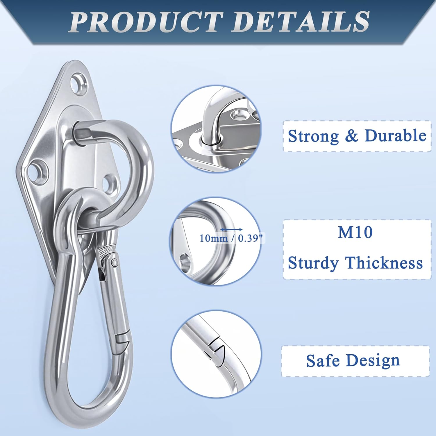 OHIYO 2PCS M10 Stainless Steel Pad Eye Hooks+2PCS M10 Snap Hooks, Heavy Duty Hammock for Hanging, 1300lbs Capacity for Swing Set, Plant Hanger, Outdoor Lights 2 71B2LiafaNL. SL1500