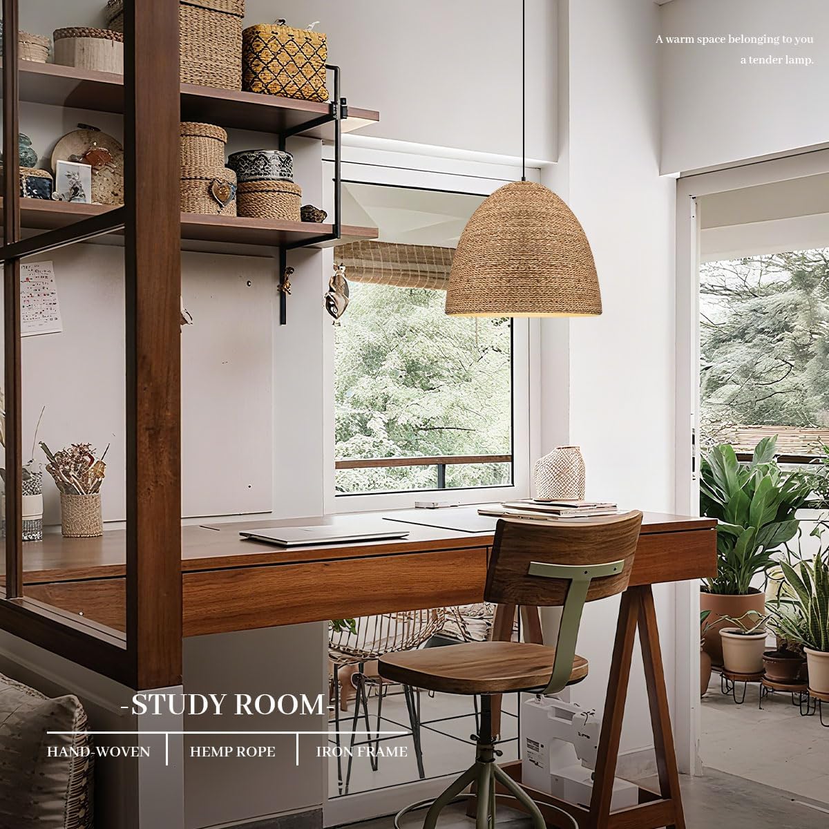 Hanging Light Fixtures Rattan Pendant Lights Vintage Mid Century Style 1-Light 9.84-inch Hand Woven Wicker Shade Small Pendant Light for Kitchen Island Dining Room