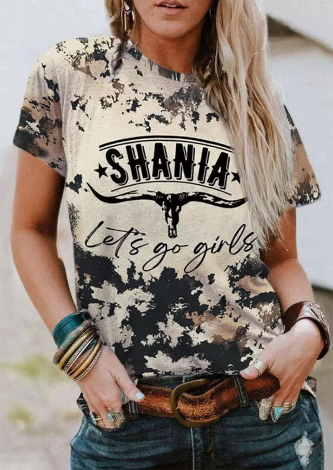 Retro Western Bull Skull Cow Hide Bleached Shirt Women Country Music Shirt Cute Cattle Skull Graphic Rodeo Cowboy Tops - Image 3