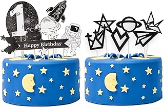 16Pcs Black Space Astronaut Cake Toppers Rocket Planet Trip to the Moon Cake Decorations for Baby Shower Boys Girls Birthday Outer Space Themed Party Cake Decorations Supplies