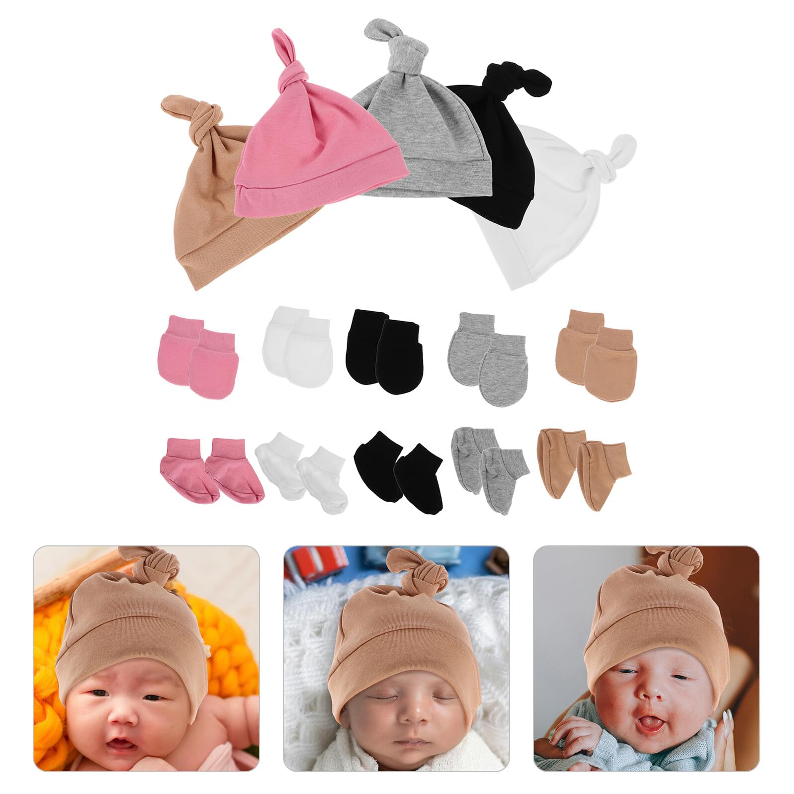 FRCOLOR 5sets Cappellini e Guanti in Cotone per Ragazzo Ragazza Ragazza Mesi Set Completo Calzini Accessori per Ragazzo Maschi e Femmine Design Delicato e Traspirante