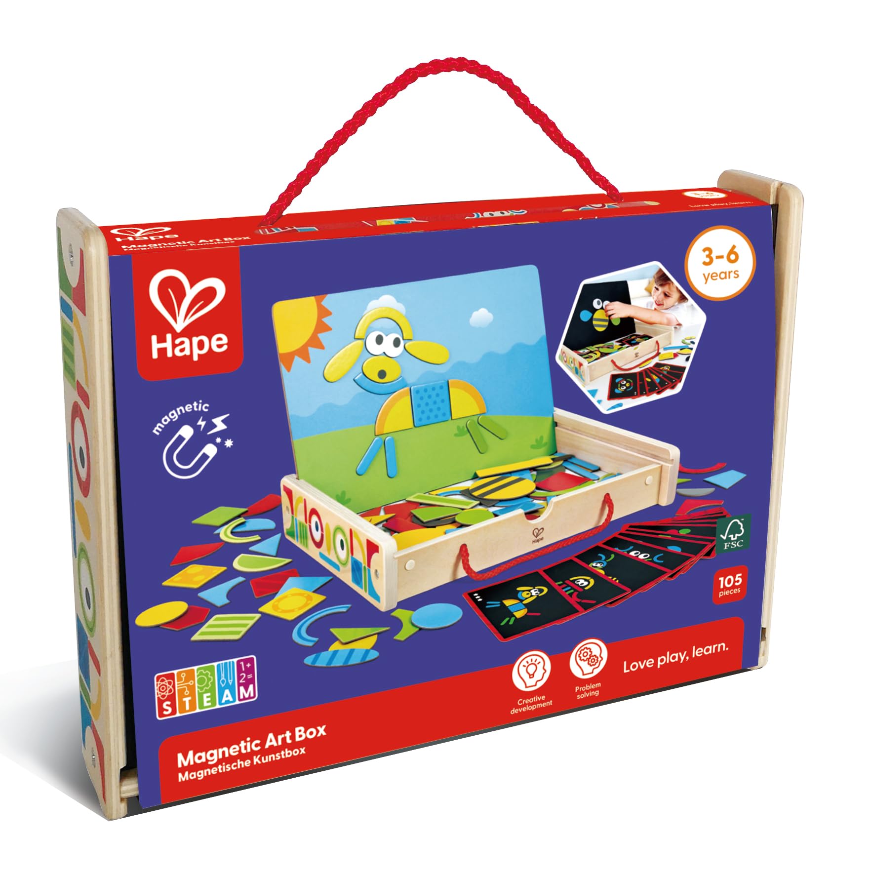 Hape Magnetische Kunstbox – Beidseitige Magnettafel mit Formen und Zubehör, tragbares Kreativ- und Motorikspielzeug, pädagogisches Bastel- und Motorikspielzeug, für Kinder ab 3 Jahren