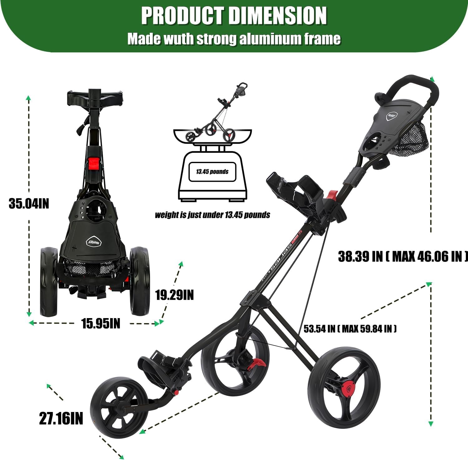 XDriveMax GC27 - Carrello da golf a 3 ruote, pieghevole, leggero, per mazze da golf e sacca da golf, con portabicchieri, porta segnapunti, scomparto portaoggetti (nero)