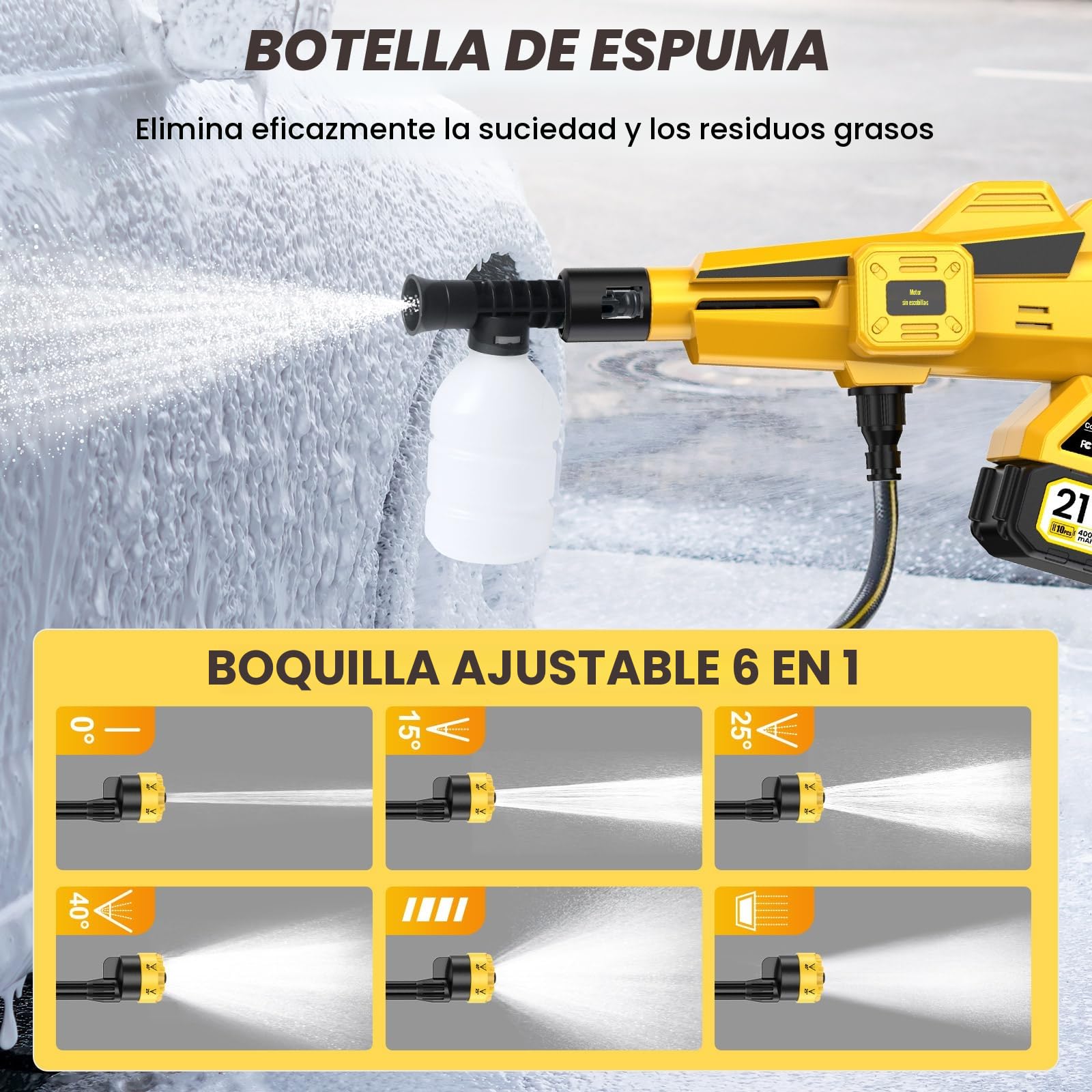Hidrolimpiadora Bateria Portatil 45 Bar con 8000 Mah Batería, Boquillas Pulverizadoras 6 En 1 para Limpieza De Jardines y Lavado De Autos Limpiador De Alta Presión Regulable En 3 Niveles