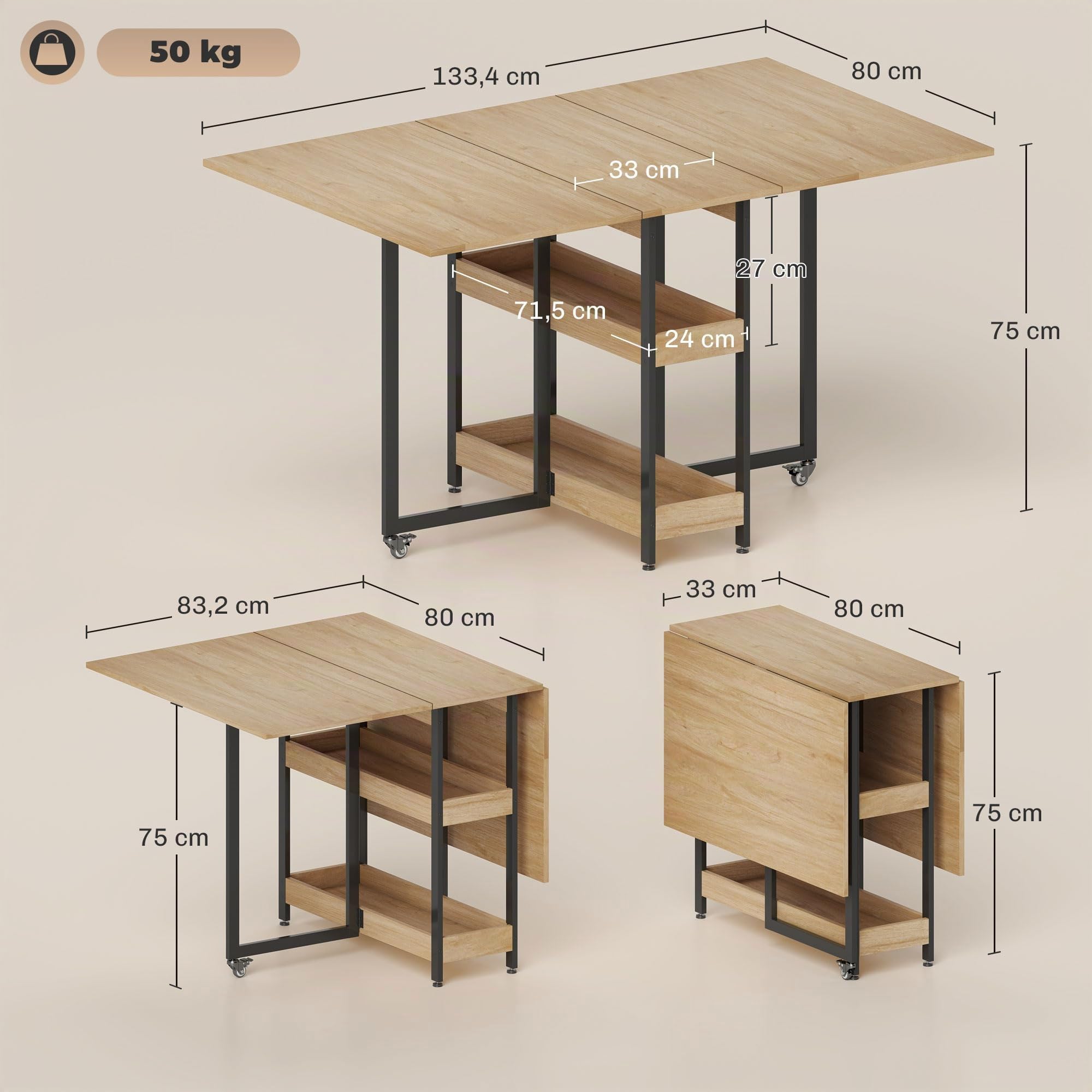 HOMCOM Mesa de Comedor Plegable Extensible sobre Ruedas para 4 Roble | Mesa de cocina rectangular plegable, estantes abiertos, ahorra espacio, comedor