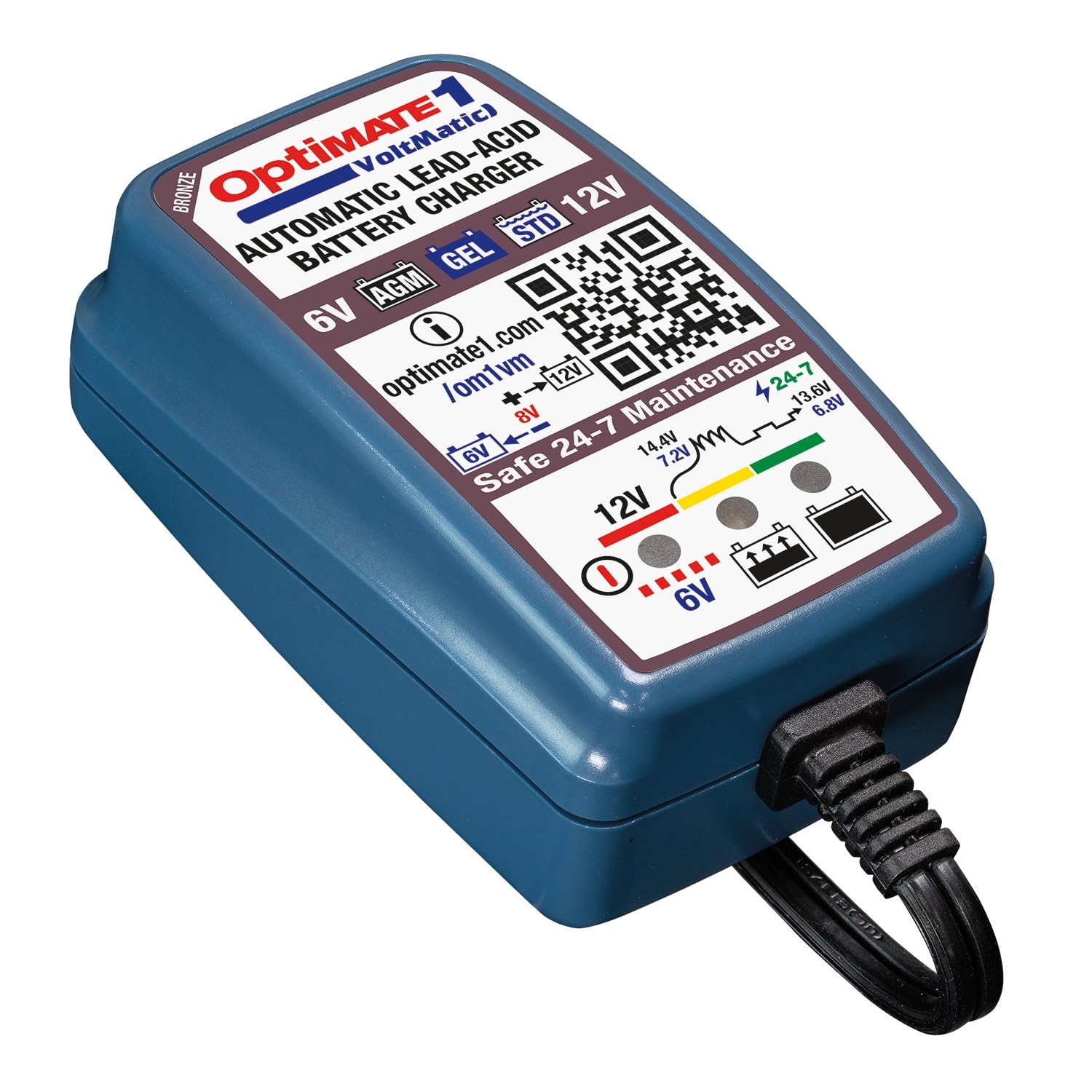 Optimate 1 VoltMatic Chargeur et Mainteneur de Batterie 6V/12V – Automatique à 4 Étapes (0.6A) – pour Batteries au Plomb 6V & 12V (STD. AGM. Gel) – Intelligent et Sûr