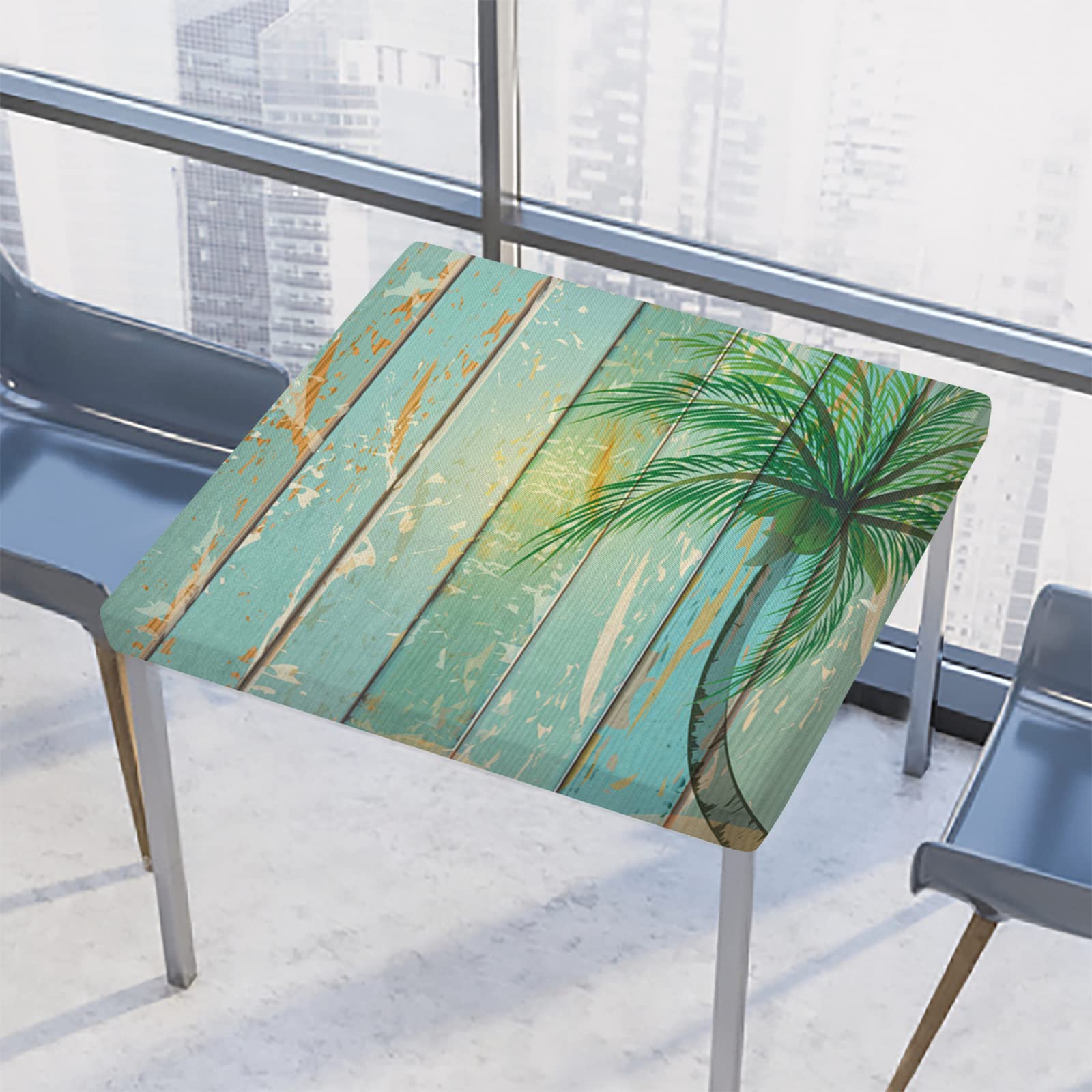 Beach Wooden Palm Tree Square Tablecloth With Elastic Edge - Tropical Ocean Sea Theme Fitted Waterproof Wipeable Cover for Dining Kitchen Party Outdoor Patio 46x46 Inch