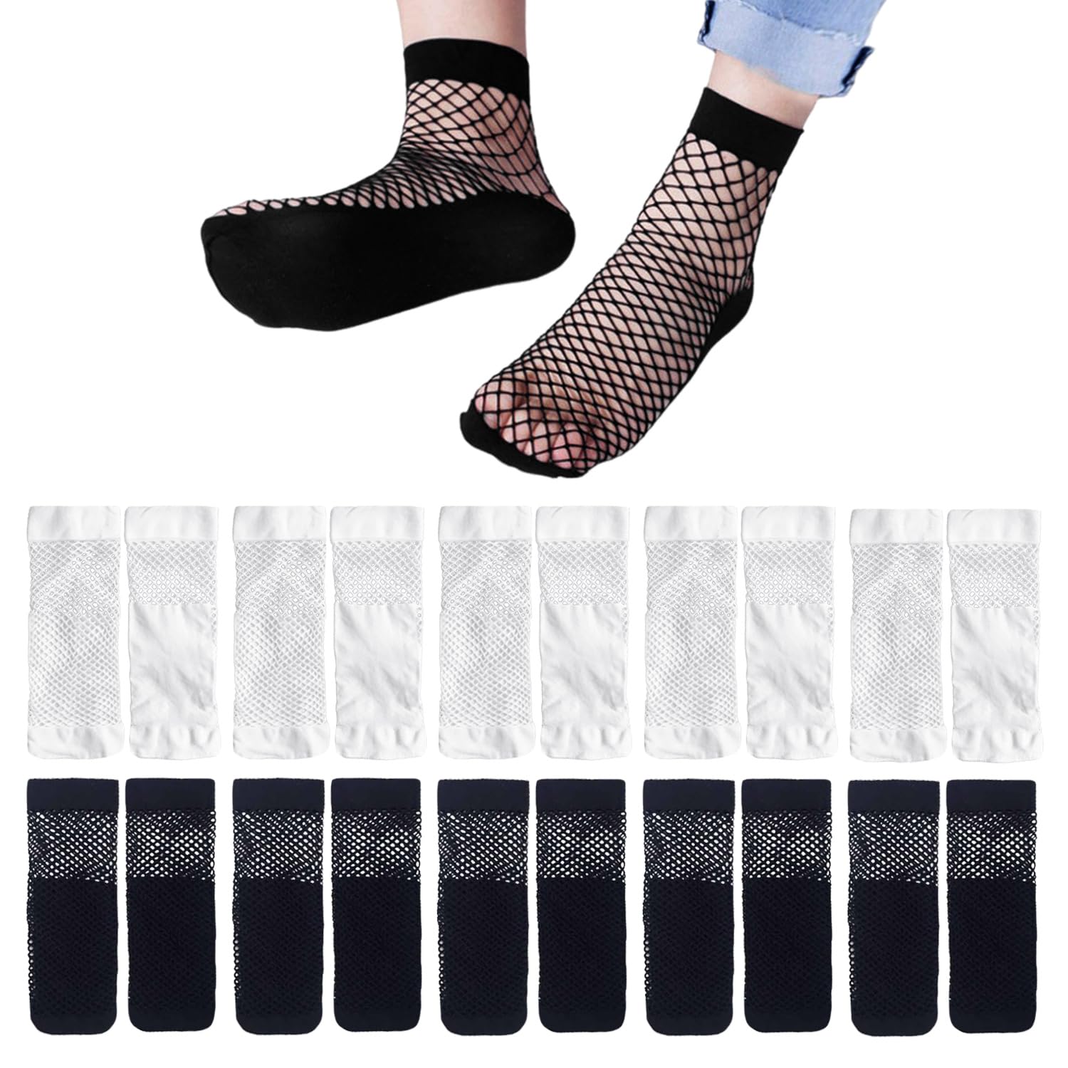 Vehyegoi Unisex Black 10 Pairs Of Fishnet Socks, Mid-Calf Fishnet Socks, Fashionable Hollow Socks, Elastic Transparent Socks, Women's Socks