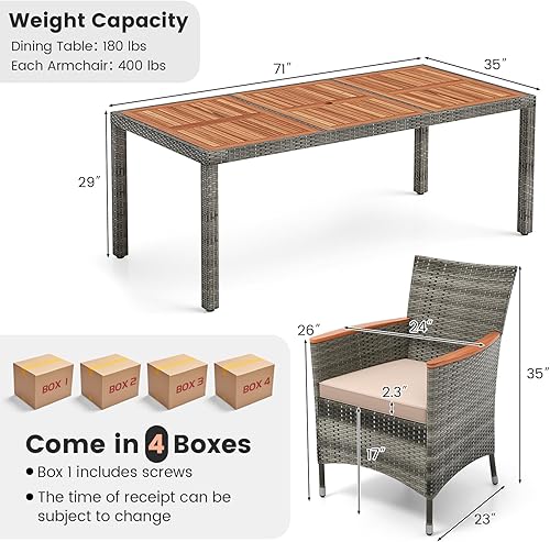 Miniatura 4 de Tangkula Juego de comedor de mimbre para exteriores, juego de muebles de comedor de patio con mesa de madera de acacia y 8 sillones, juego de mesa y