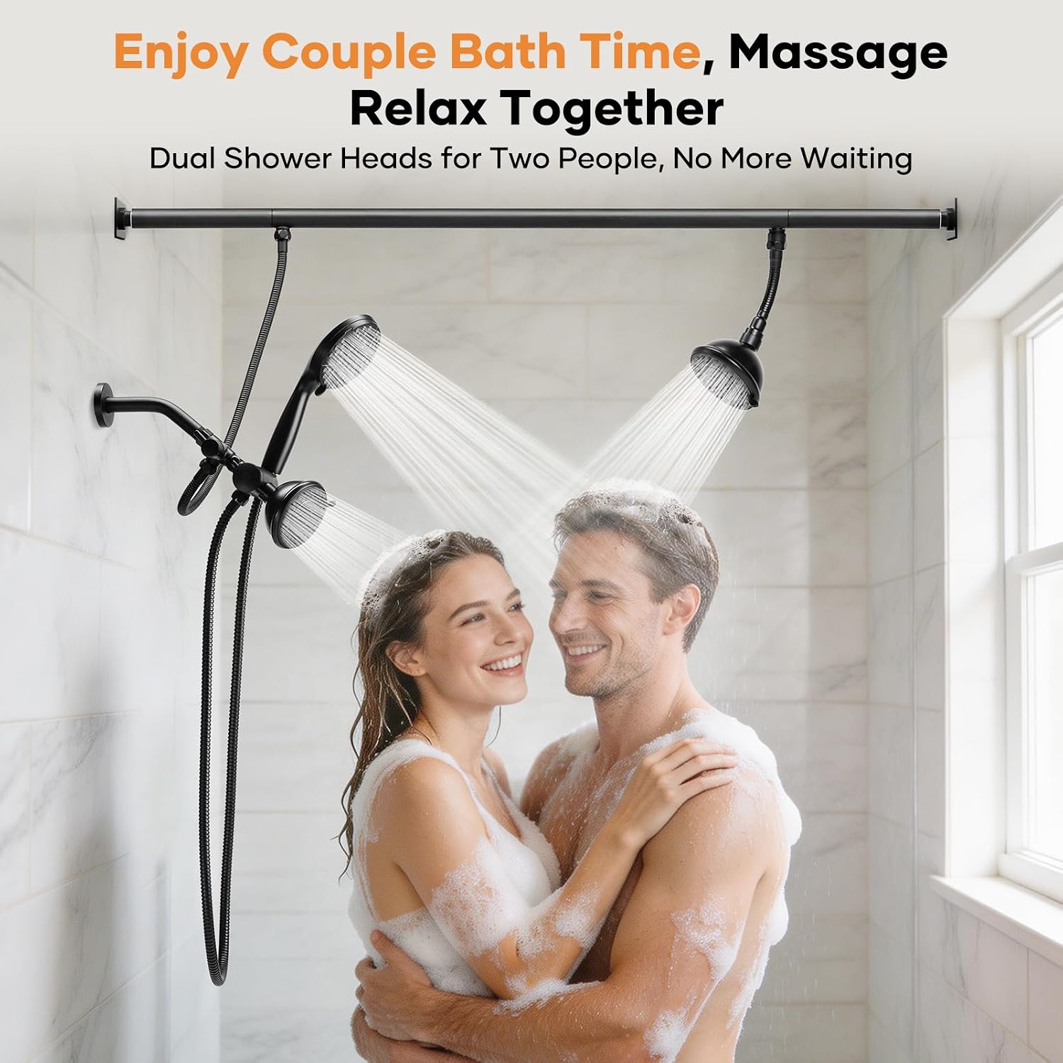 Tandem Shower Head for Couples, High Pressure Dual Shower Heads System with 6 Spray Modes Shower Head Handheld, Anti-Tangle Hose, Tool-Free Installation, Leak-Proof