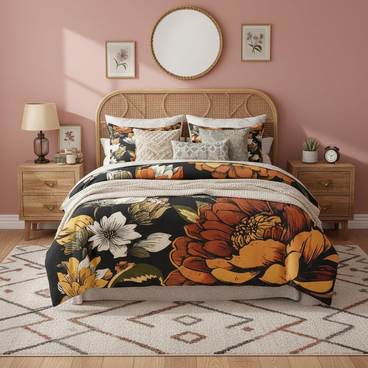Erosebridal Boho Floral Bed in A Bag 7 Pcs Bohemian Flower Botanical Comforter Set for Kids Girls Rustic Farmhouse Floral Bedding Sets Full Abstract Mid Century Flowers Sheet Set with Comforter