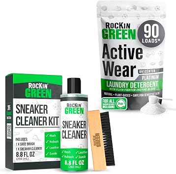 Rockin Green Detergent Active Wear 90 Loads Unscented 45 Oz and Shoe Cleaning Kit 8.8 Fl Oz - Includes deep cleaning solution and a premium brush, perfect for maintaining all types of footwear