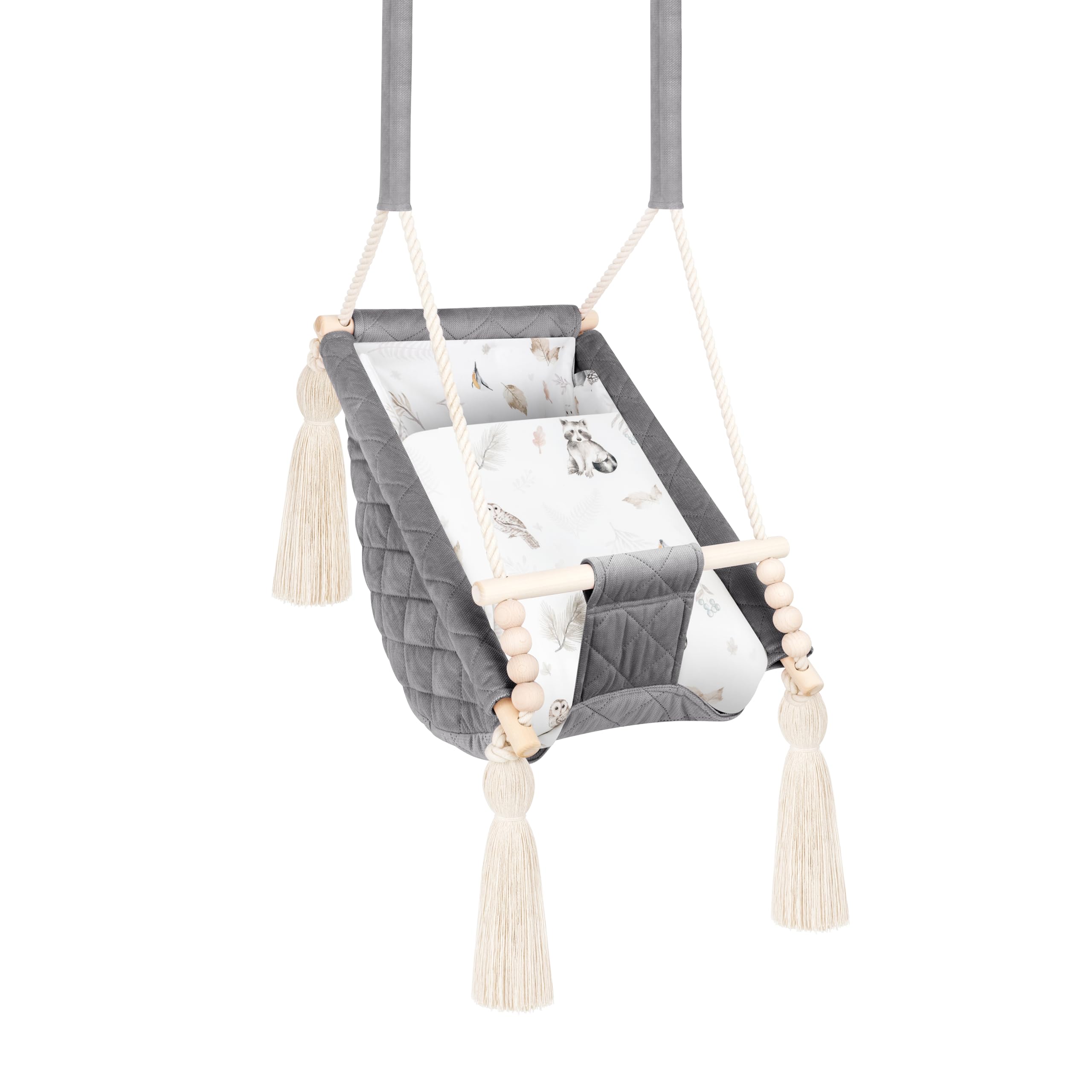 Altalena Bambino Grigio Scuro Velluto, Amaca Interna 2m+, Personalizzabile con Nome Ricamato, Made in Europa, Sedile sospeso sicuro 25kg