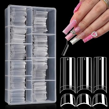 500PCS Clear Square Nail Tips XL No C Curve Half Cover Nail Extension Tips | XL Extra Long, Flat C-Arc, Traceless ABS, 21-Day Wear, No Crease, Easy Trim, 10Sizes 0-9, with Box, Long Lasting