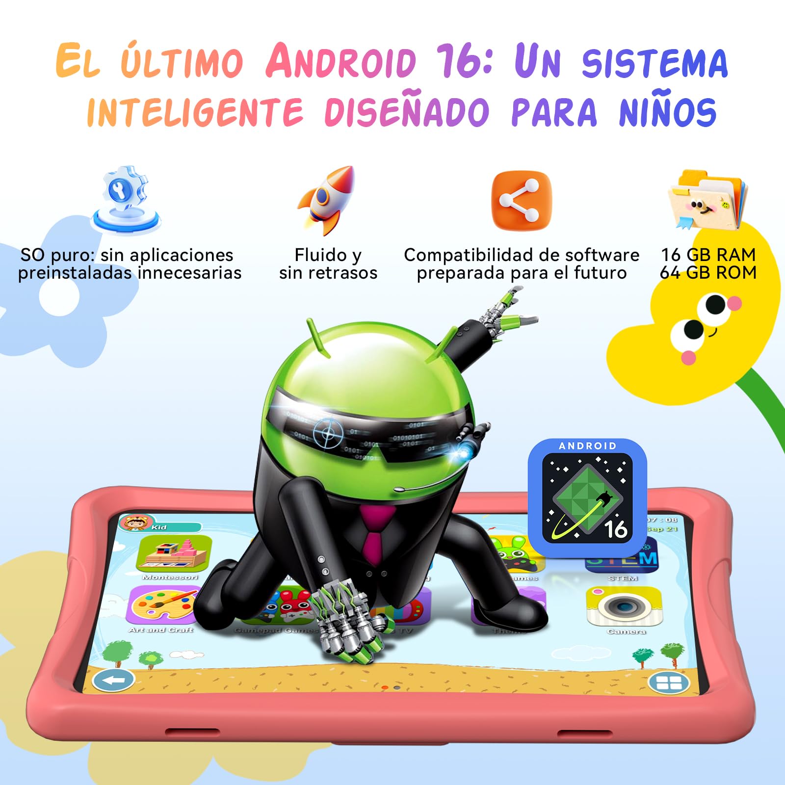 Tablet para Niños 10 Pulgadas, Android 16 Tablet para Niños de 3 a 12 Años, 16GB RAM 64GB ROM/2TB TF, Controles Parentales, GMS, WiFi6, Tablet Infantil con Funda Anticaídas y Lápiz, Garantía de 4 años