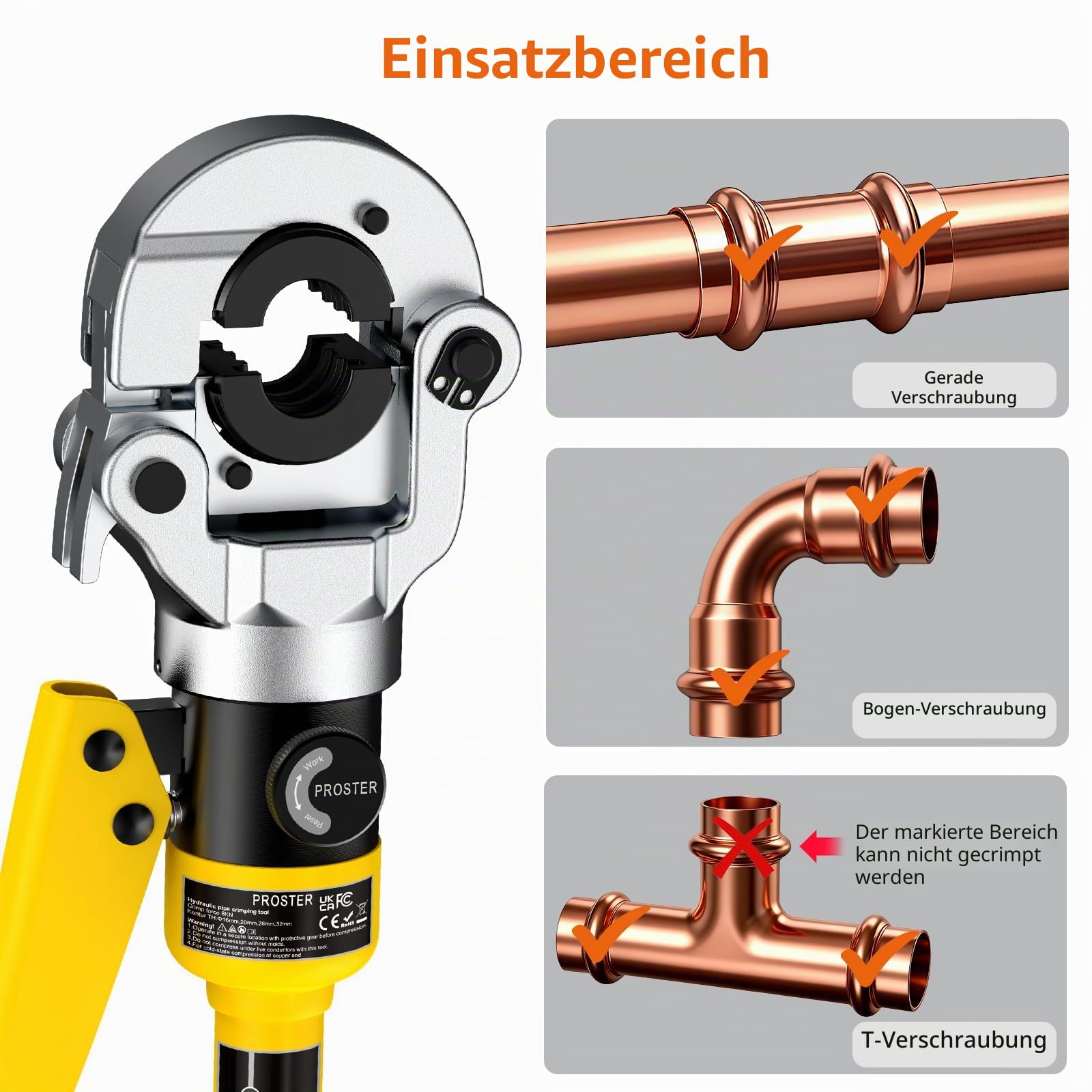 Proster Hydraulische Crimpzange 8-Tonnen Presszange TH16 TH20 TH26 TH32 Rohrschneider Gratfräser mit Dichtungsringe & stabiler Kunststoffbox für Rohrverbindung, Alu-Kunststoff-Rohre
