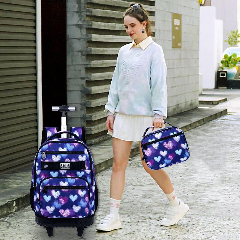 3Pcs Rolling Backpack for Girls Women, Love Kids Roller Bookbag with Wheels, Wheeled Backpacks Set for Elementary Toddler(Purple) - Image 6