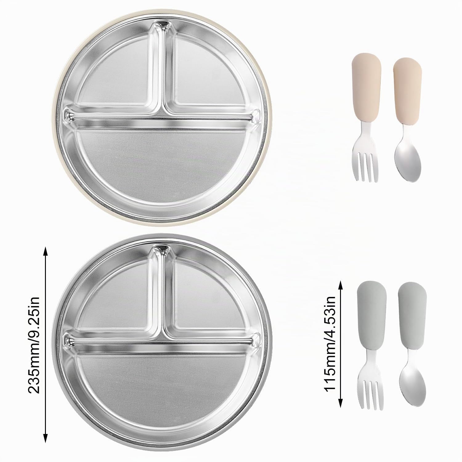 2 piatti a ventosa per bambini, in acciaio inox, con 2 cucchiai e forchette, piatti divisi per bambini, utensili per bambini, set di alimentazione antiscivolo, senza BPA (grigio + beige)