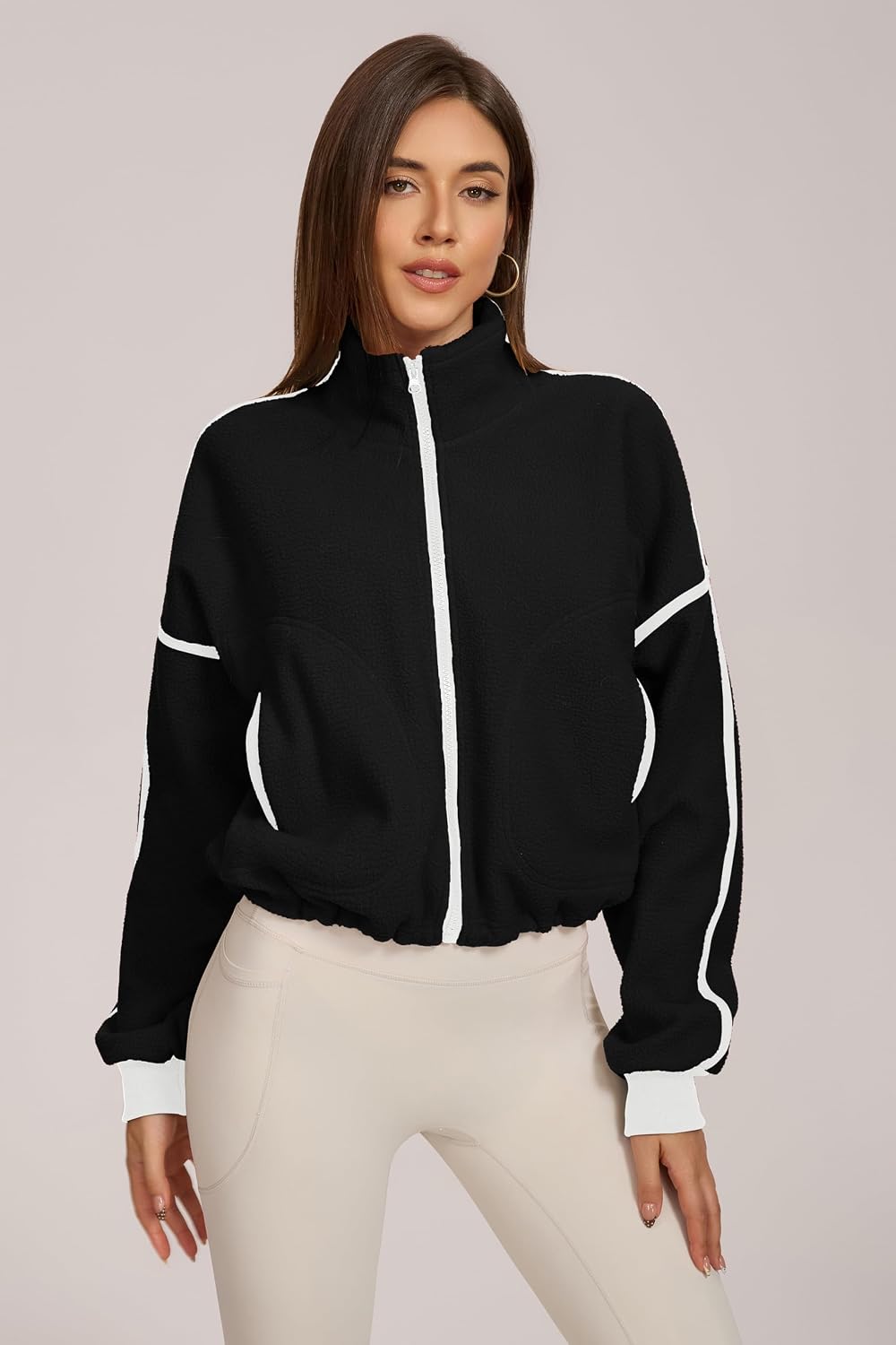 QINSEN Women Fleece Jacket Cropped Full-Zip Up Sherpa Jackets Warm Stand Collar Outerwear with Pockets