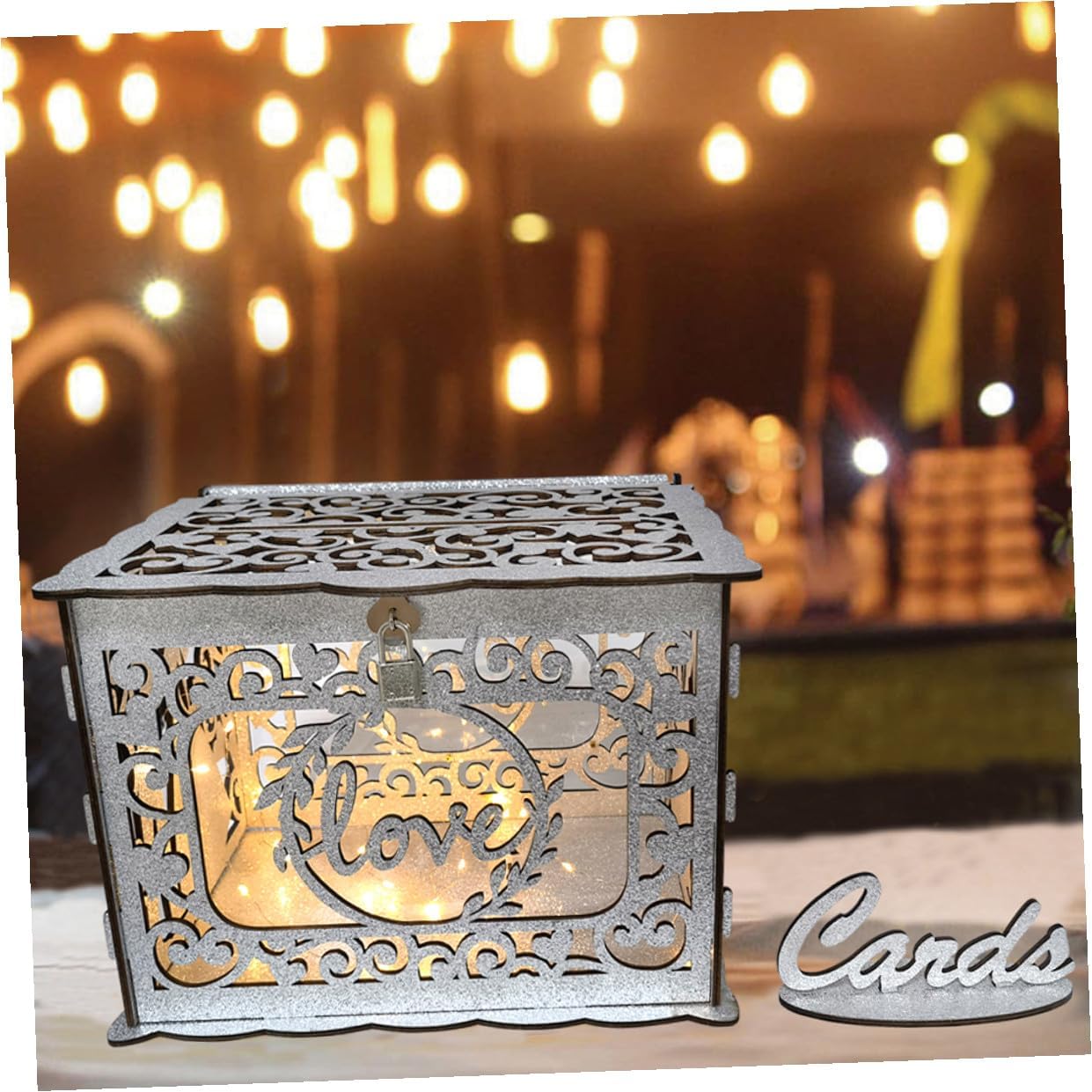 Wooden Hollow Greeting Card Box with Glitter Finish Wedding and Anniversary Card Container for Reception without Lights