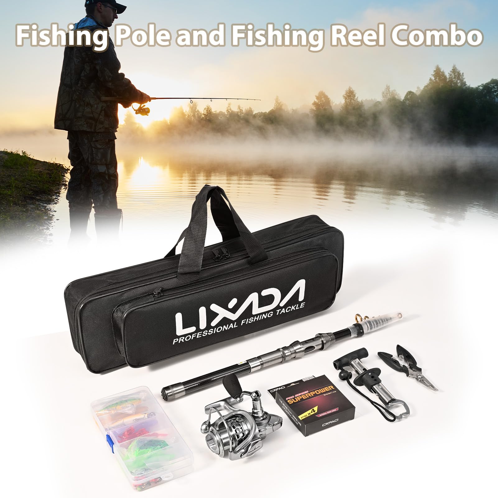 Kit portatile leggero combinato con canna da pesca telescopica e mulinello con labbro per pesci e pinze per gli appassionati di pesca