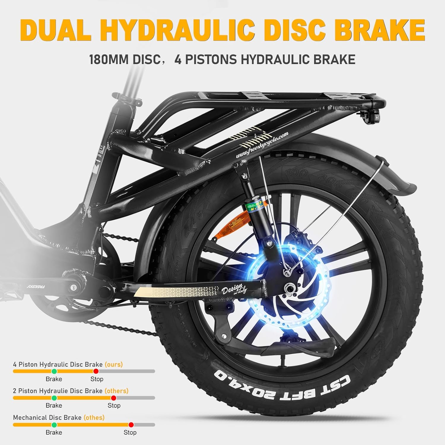 Close-up of the rear wheel and dual hydraulic disc brake system of the e-bike