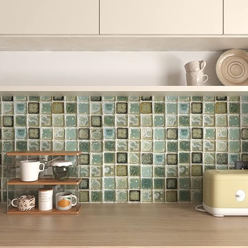 Danodoi Papel tapiz de papel tapiz de color verde mosaico para despegar y pegar, papel de contacto impermeable, 15.7 x 393 pulgadas, papel de pared